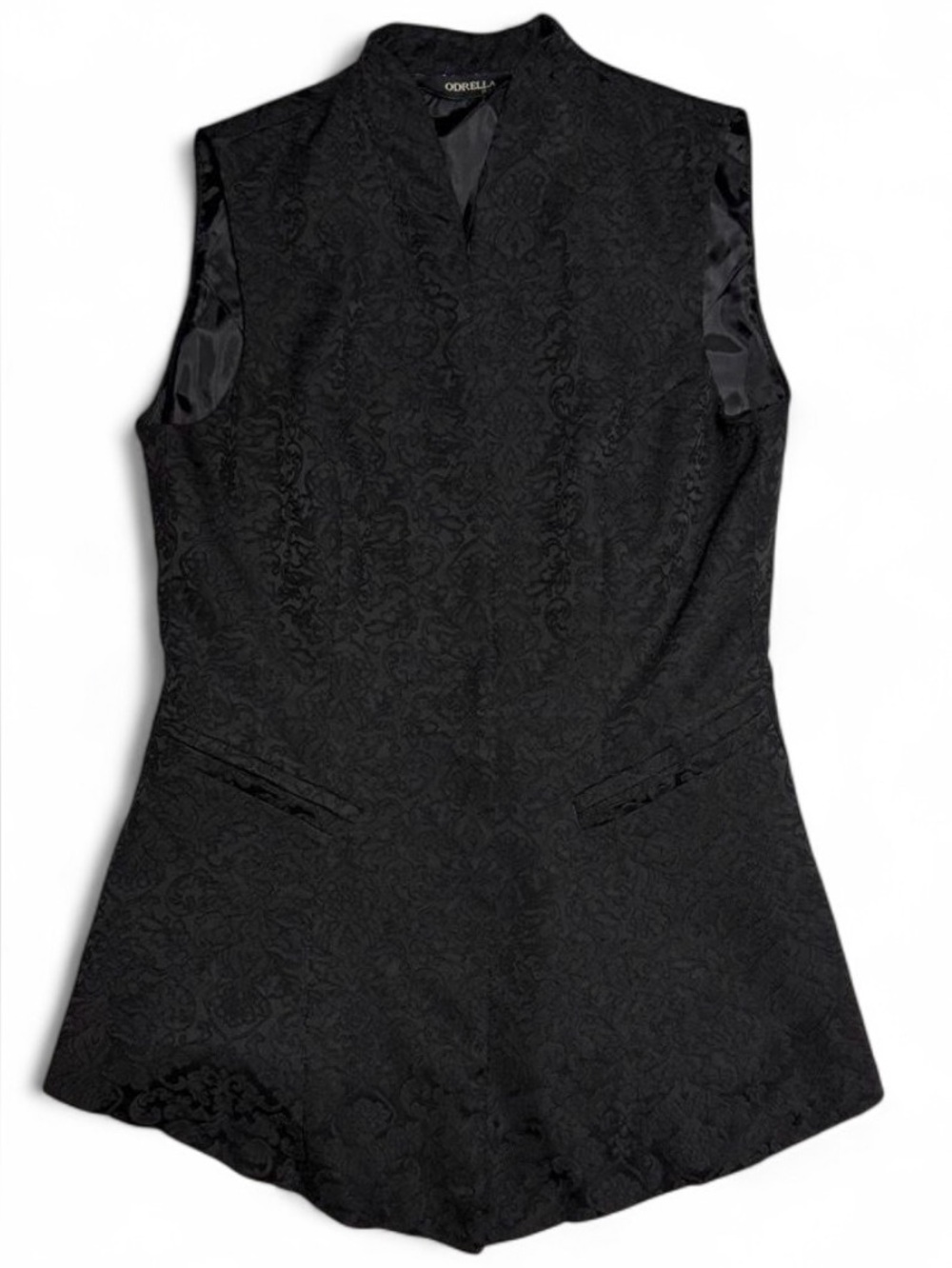 Odrella Black Floral Brocade Vest Tie Back Sleeveless Blouse Office Siren Sz 40